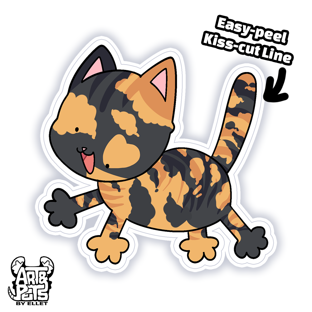An image showing what the Torbie Silly-cat sticker will actually look like on a white background, pointing out the easy-peel kiss-cut line, and an art and pets logo on the bottom left